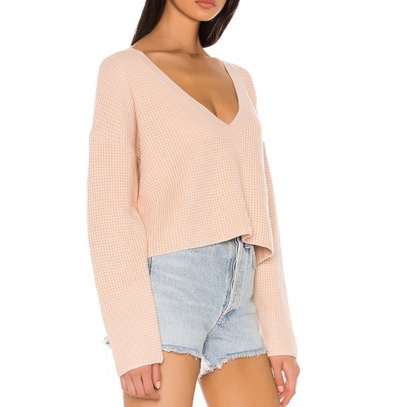 Superdown Pink V-Neck Pullover Cropped Waffle Knit Sweater - Picture 4 of 11